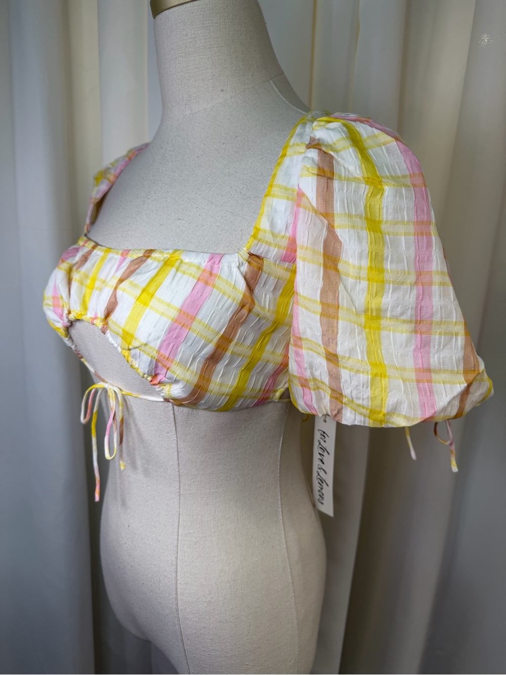 NWT For Love & Lemons ‘Rue’ Puff Sleeve Crop Top in Yellow & White Plaid Size S - Picture 6 of 16